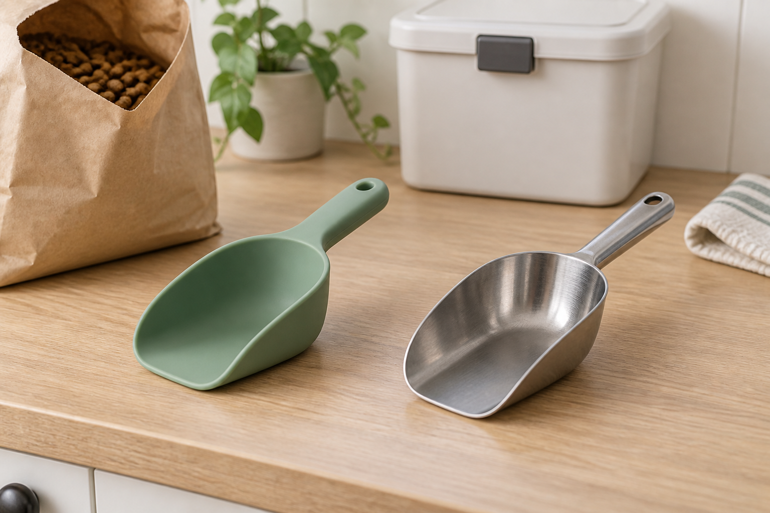 A flexible sage silicone pet food scoop and a rigid brushed stainless steel scoop beside an open plain pet-food bag on a clean pantry counter