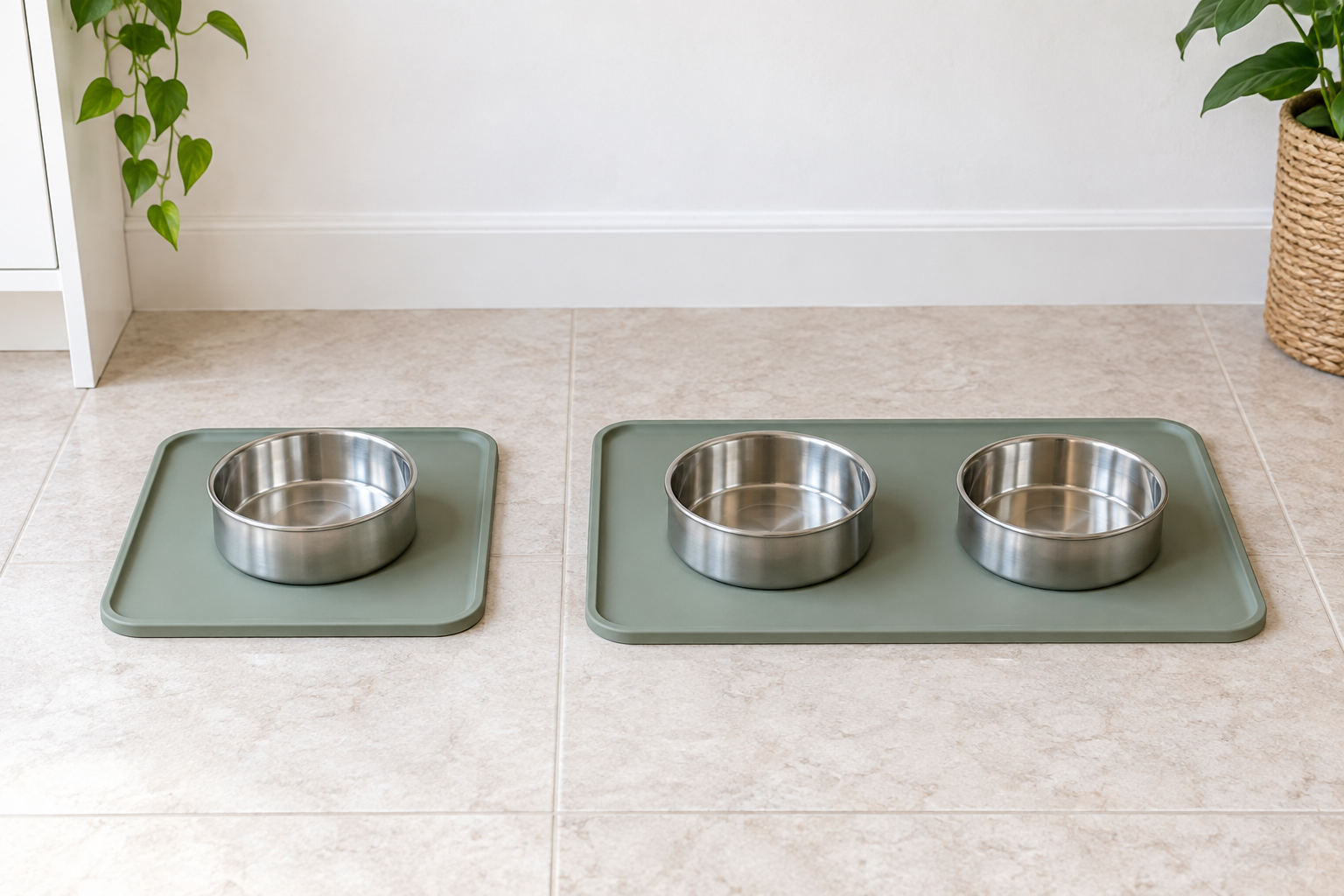 Compact raised-edge mat holding one stainless-steel pet bowl beside a wider mat holding two bowls with visible space around each base
