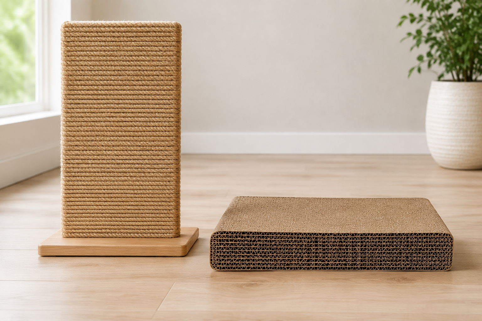 A stable vertical board wrapped in natural sisal rope beside a broad horizontal corrugated-cardboard cat scratch pad