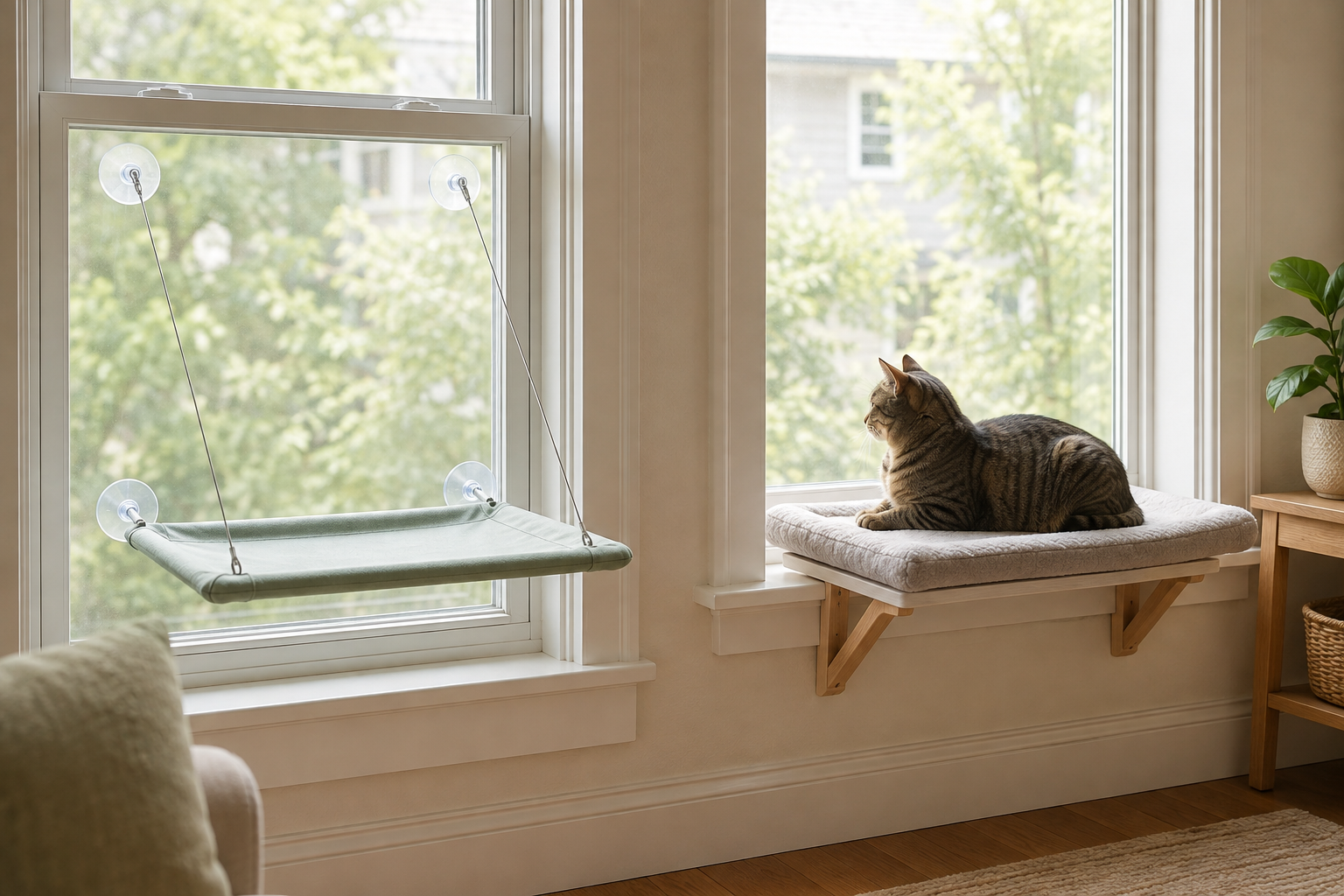 A green suction-cup cat perch attached to closed window glass beside a padded sill-mounted perch holding a relaxed tabby cat