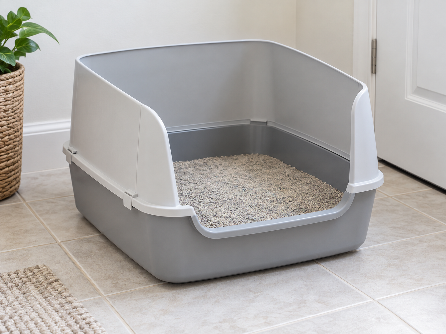 Open litter pan fitted with tall rigid back and side scatter-shield panels