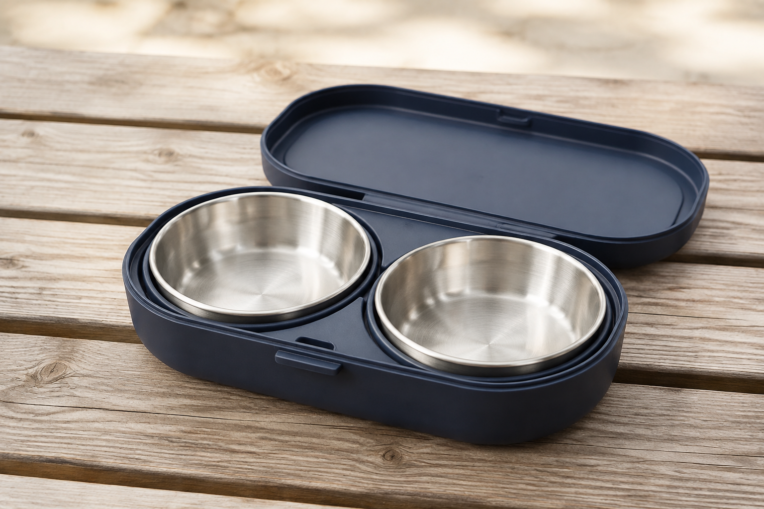 Generic two-bowl stainless steel pet travel set nested in an open navy carrying case