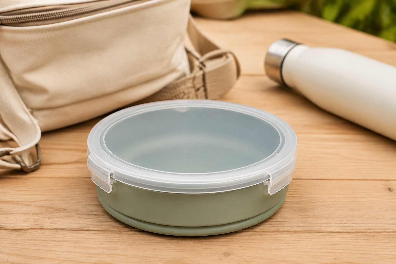 Unbranded sage travel pet bowl with a fitted translucent snap-on lid beside a canvas day bag and water bottle