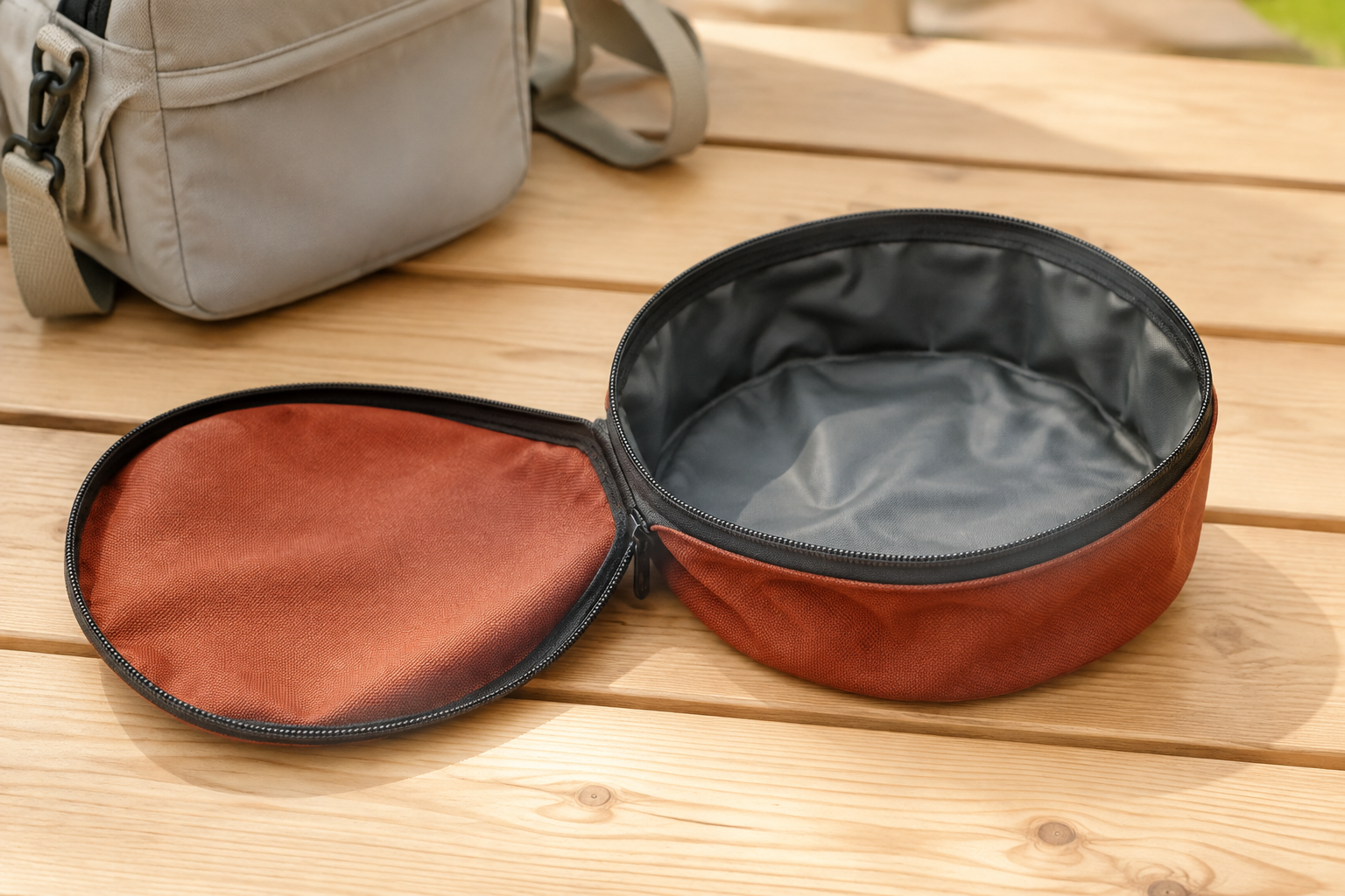 Generic rust-colored fabric travel pet bowl open beside its protective zippered cover