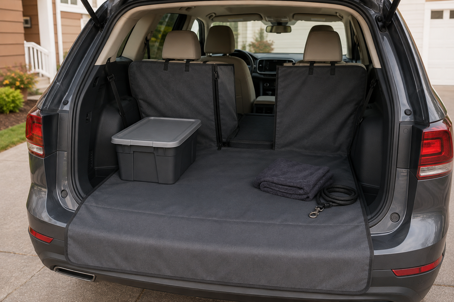 Generic foldable SUV cargo cover with a protective loading flap laid across the rear bumper