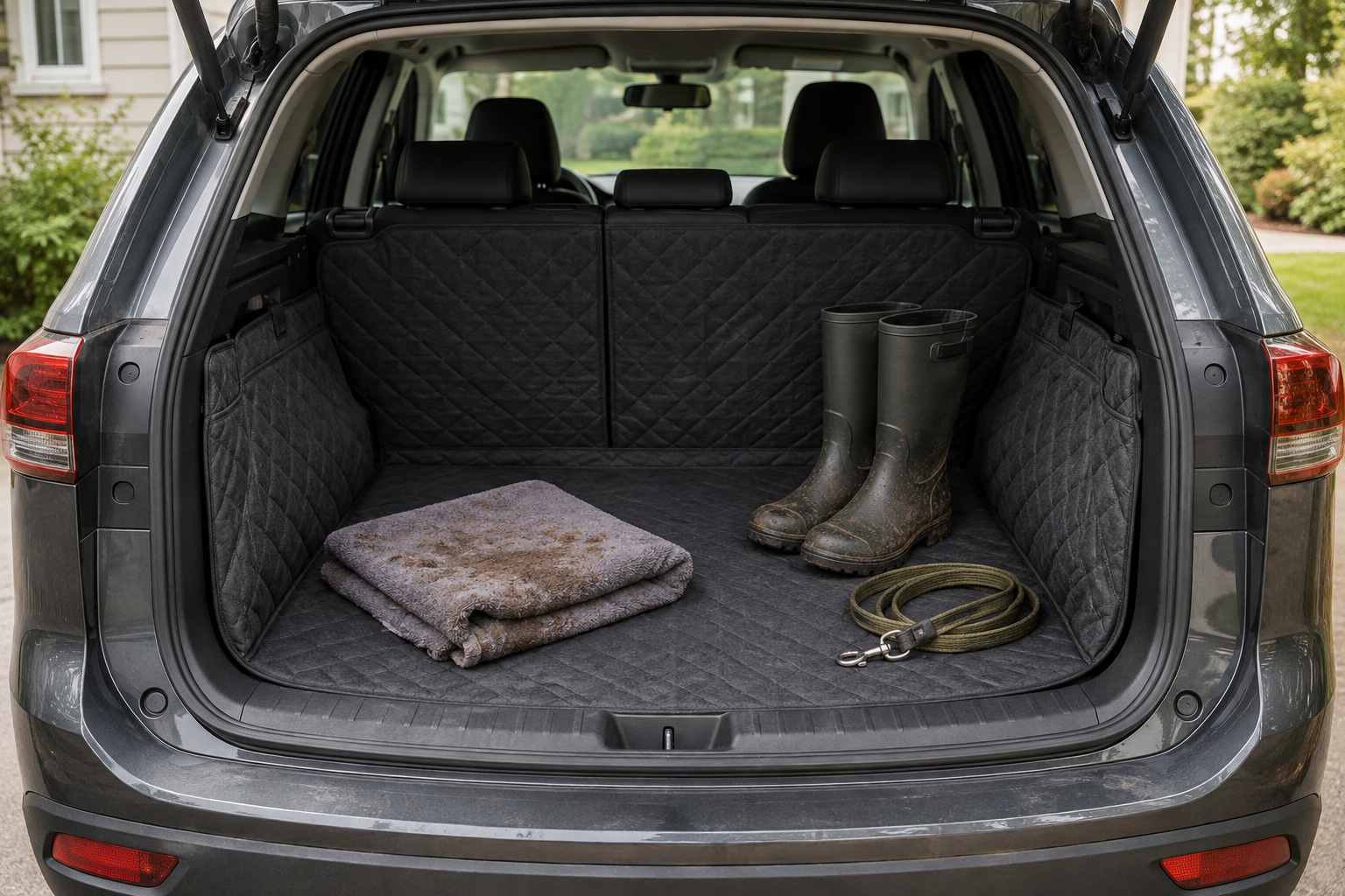 Generic fitted quilted cargo liner covering the floor and sides of an SUV trunk with a muddy dog towel, rubber boots, and coiled leash