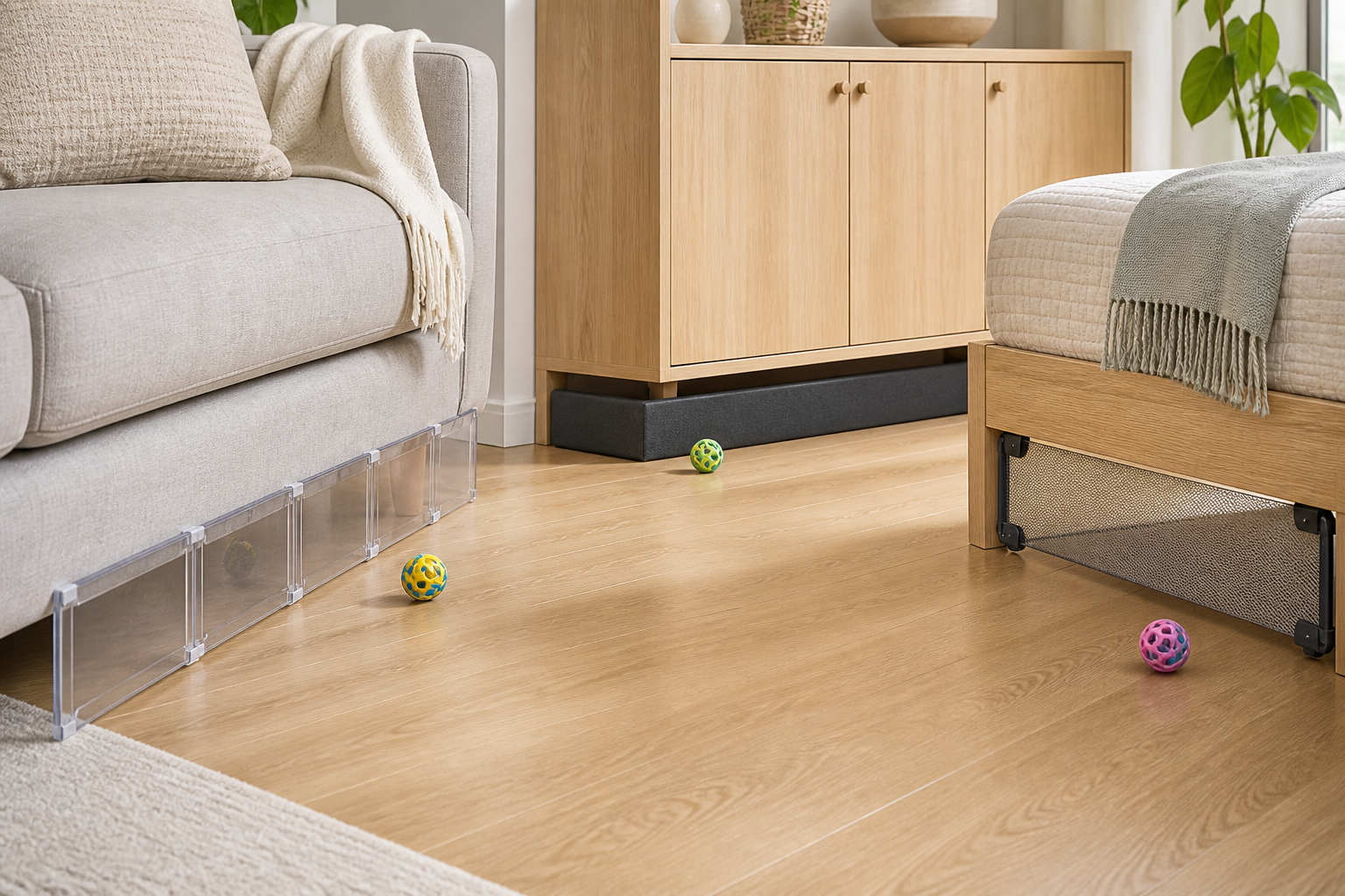 Clear modular panels beneath a sofa, a charcoal foam strip beneath a cabinet, and a taut mesh barrier beneath a bed stopping small pet balls from rolling underneath.