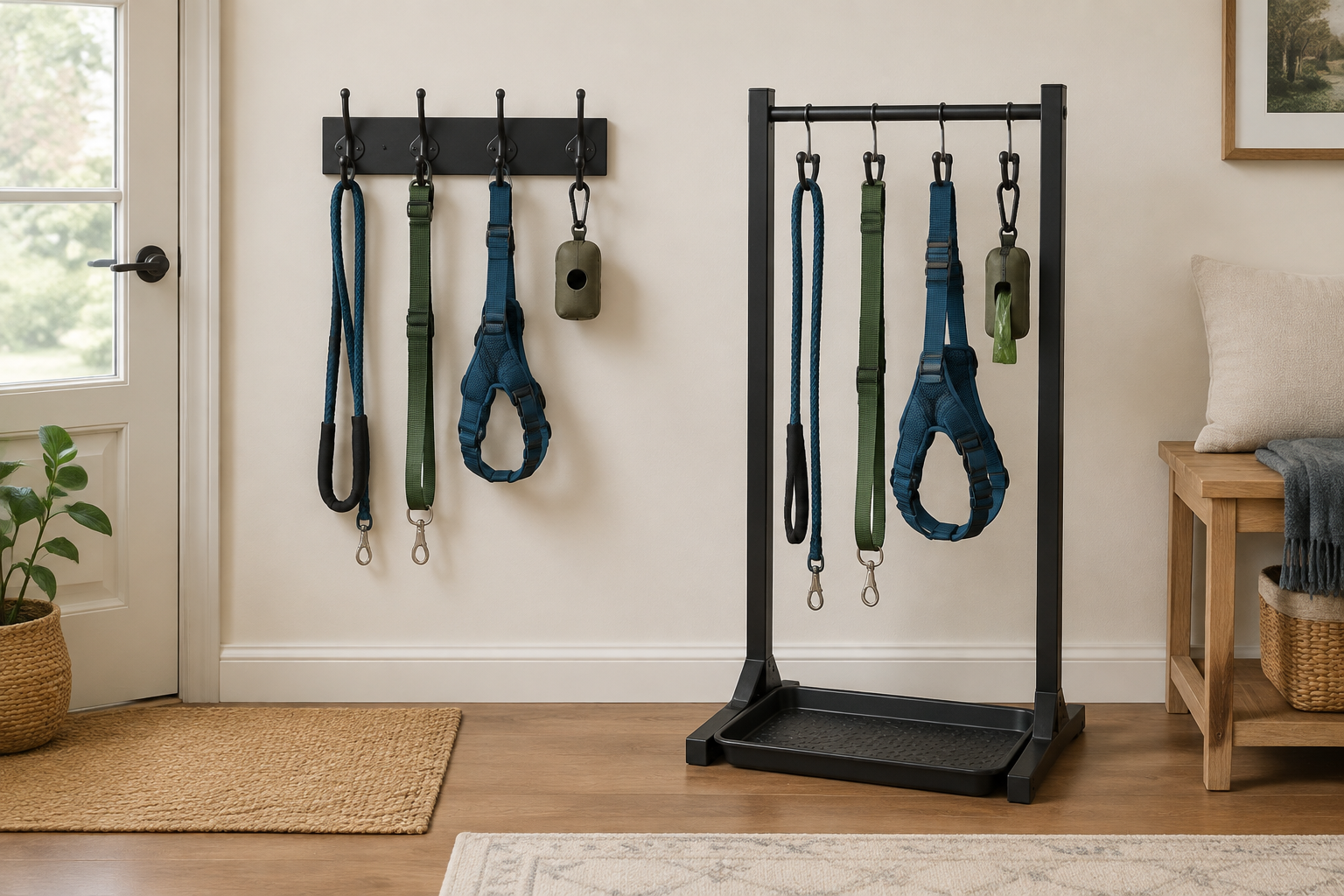 Four wall-mounted hooks and a broad-base freestanding rack holding separated dog leashes and harnesses in a bright entryway