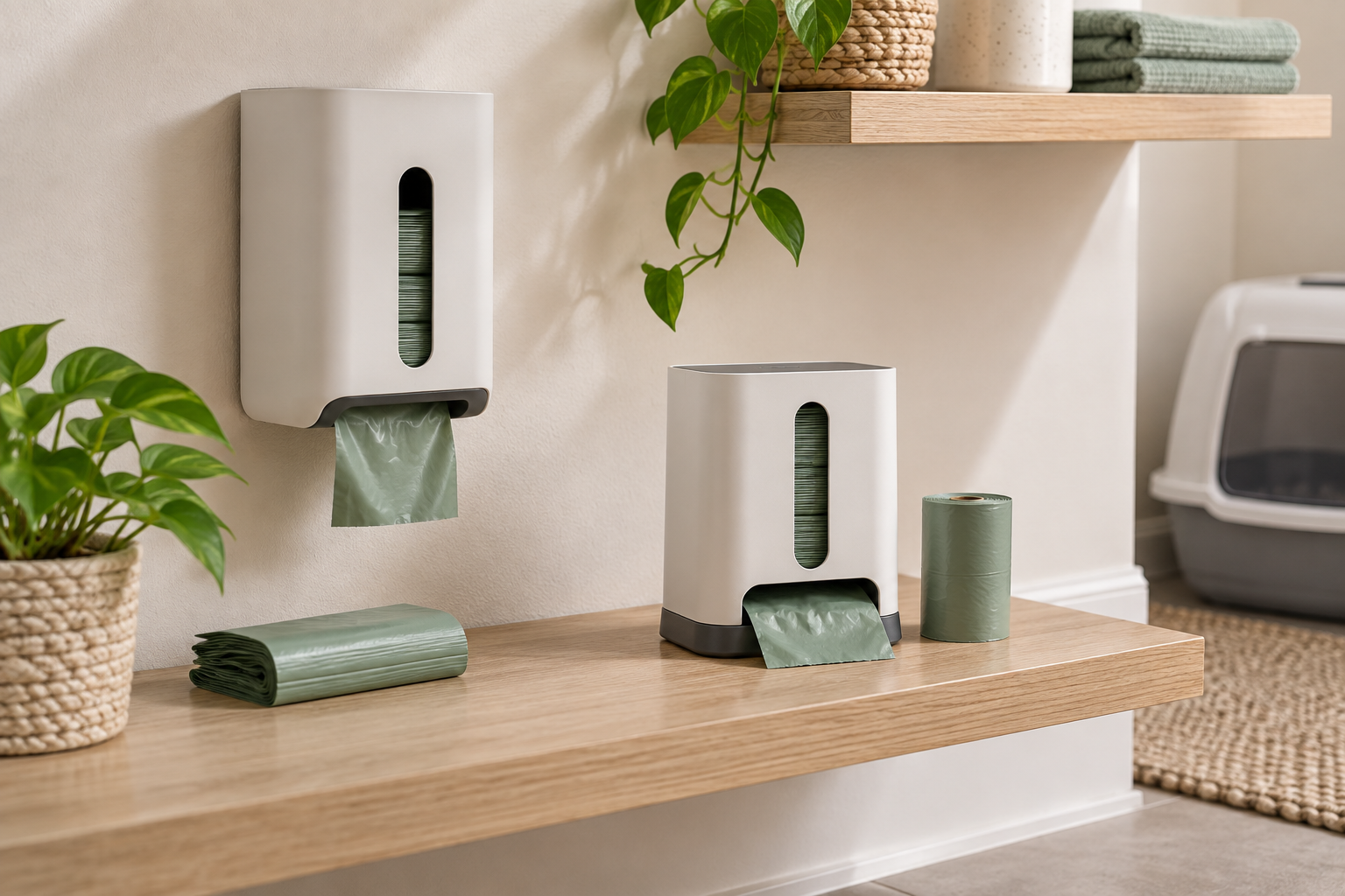 A wall-mounted dispenser beside a stable freestanding dispenser, both holding clean unused litter waste bags in a tidy litter area