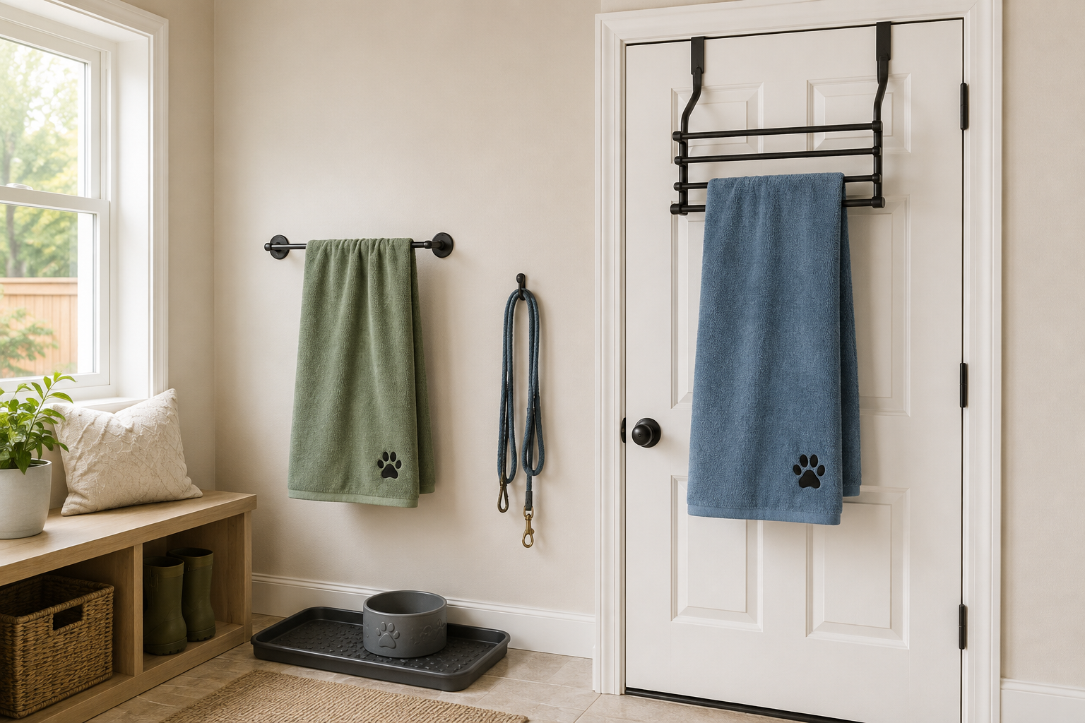 A black wall-mounted towel bar with a sage pet cleanup towel beside a black over-door rack holding a blue towel in a bright entryway