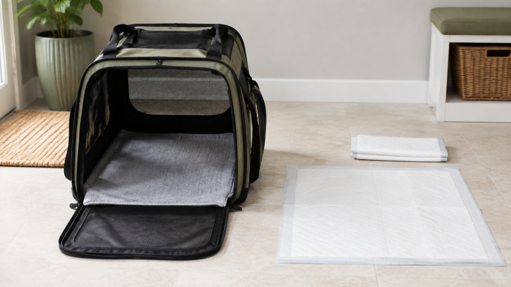 Open soft-sided pet carrier with a fitted gray washable liner beside a flat white disposable pad and one folded spare