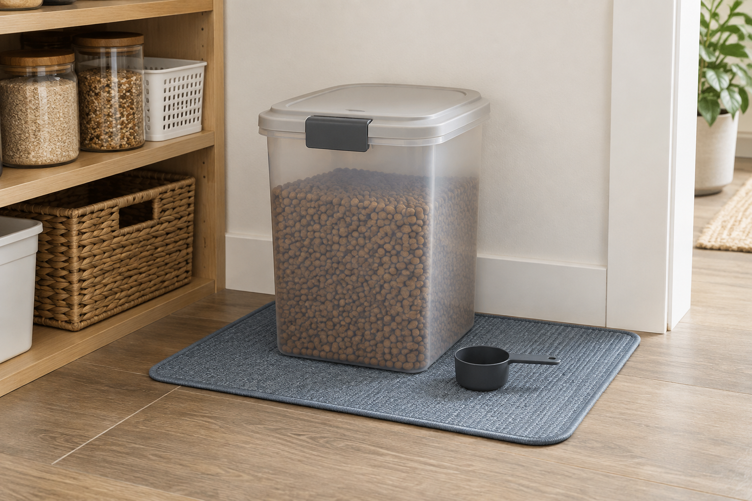 A washable blue-gray fabric utility mat extending around a sealed pet food storage bin on a pantry floor