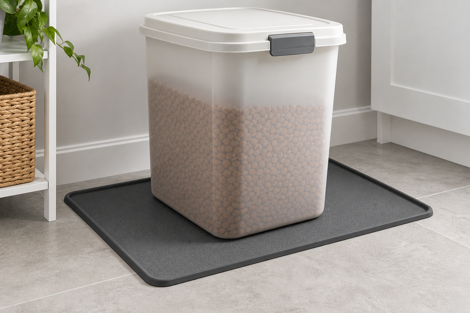 Low-lipped charcoal utility mat supporting a sealed pet food storage bin