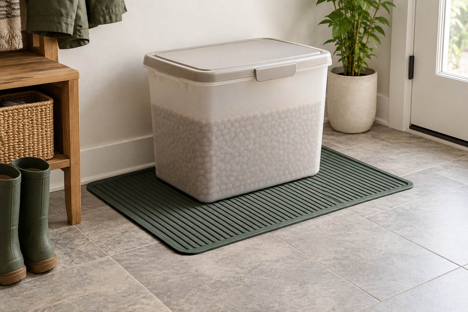 Ribbed green rubber utility mat extending beyond a pet food bin in a mudroom