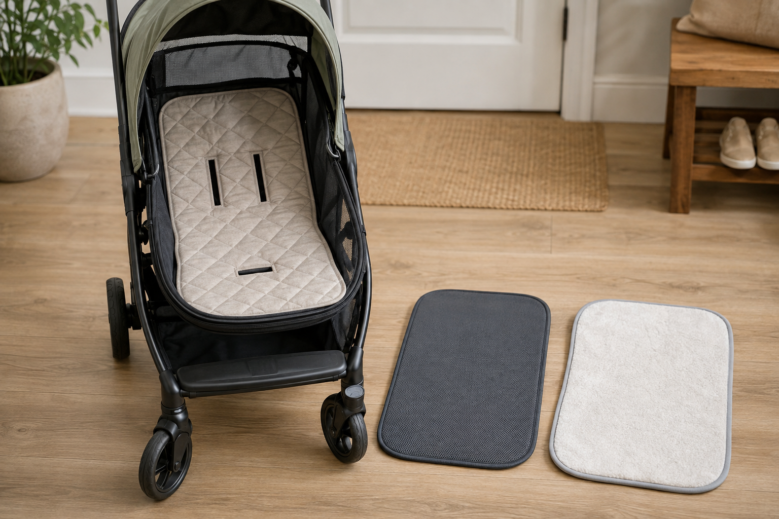 Open unbranded pet stroller with a fitted quilted liner lying flat and its restraint-slot openings visible, beside two washable pad varieties