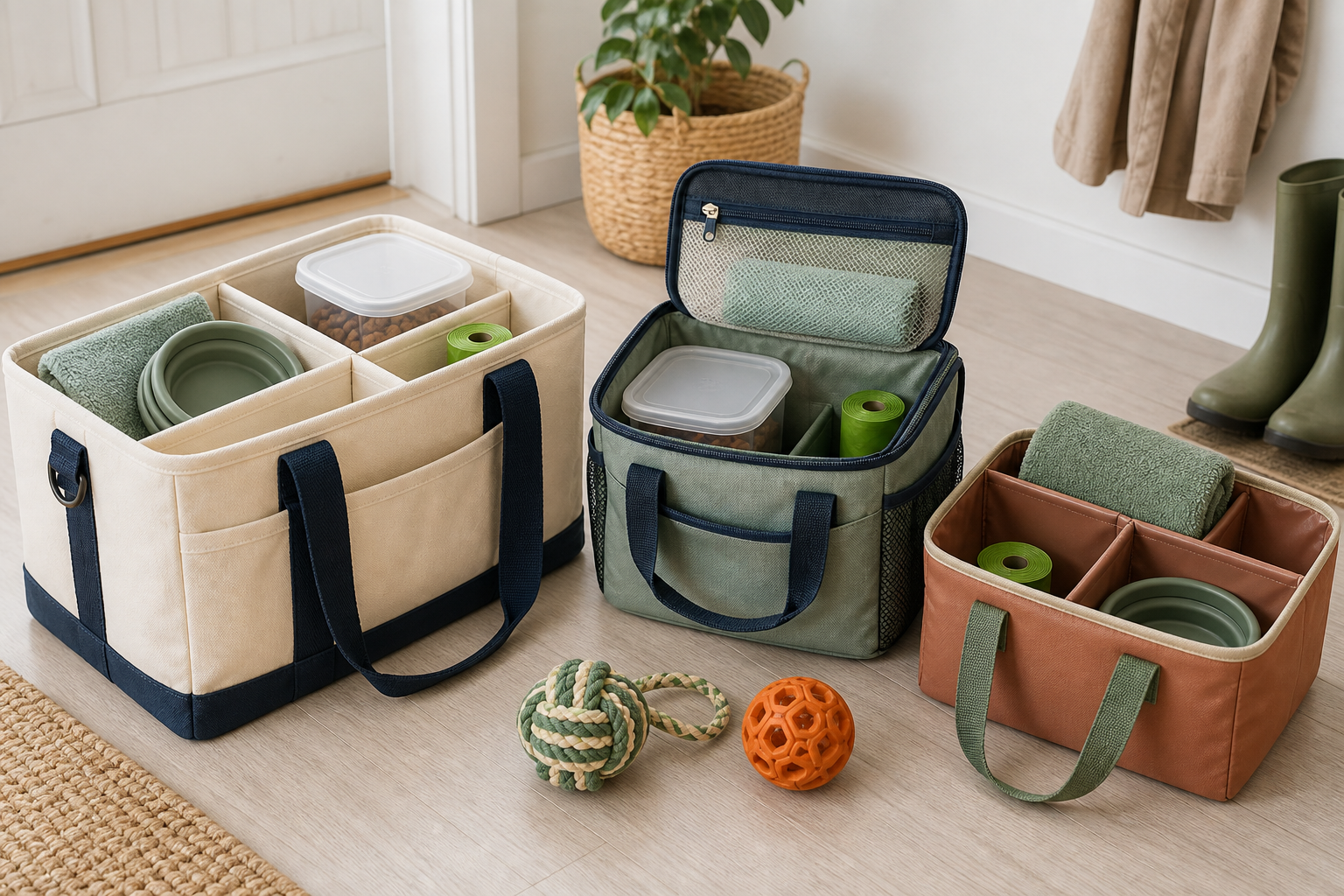 Structured canvas tote, zippered organizer, and wipe-clean divided caddy holding bowls, sealed food containers, towels, waste bags, and toys for a short pet trip.