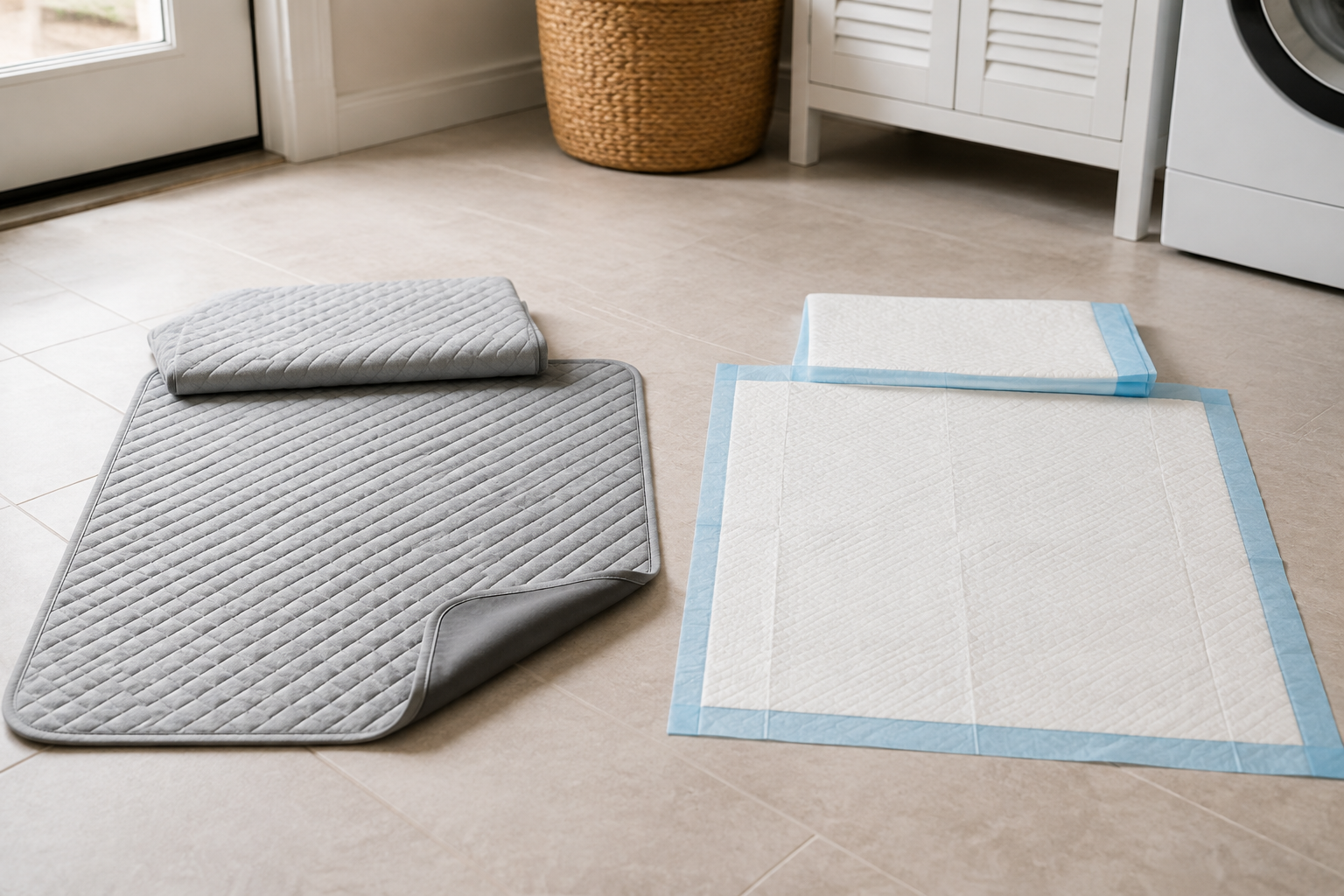 A gray quilted washable dog pee pad with a folded spare beside white disposable pads with blue borders in a bright laundry area