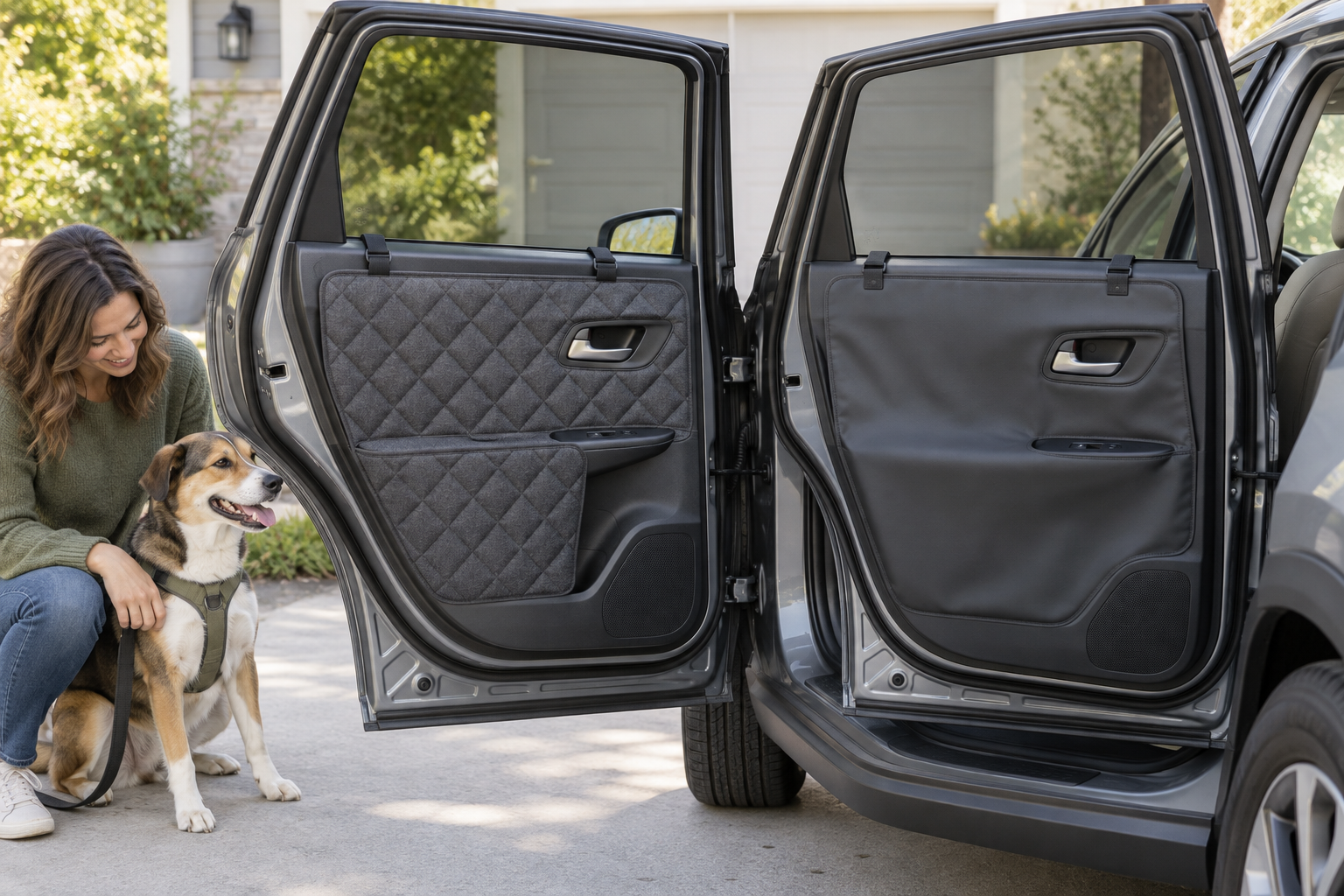 Quilted washable fabric protector and smooth wipe-clean coated protector fitted to open rear vehicle doors while handles, window switches, and speakers remain clear