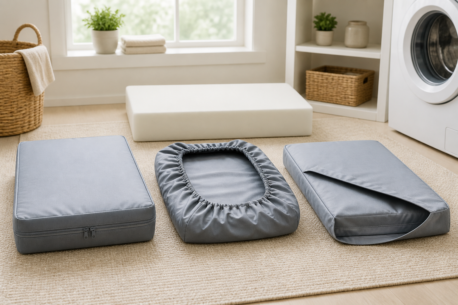 Zippered encasement, fitted elastic liner, and sleeve-style barrier arranged beside a rectangular foam dog bed insert