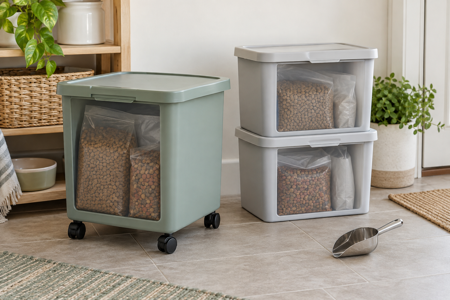 A sage wheeled pet-food container beside two gray stacked containers, each holding sealed bags of dry food in a bright pantry