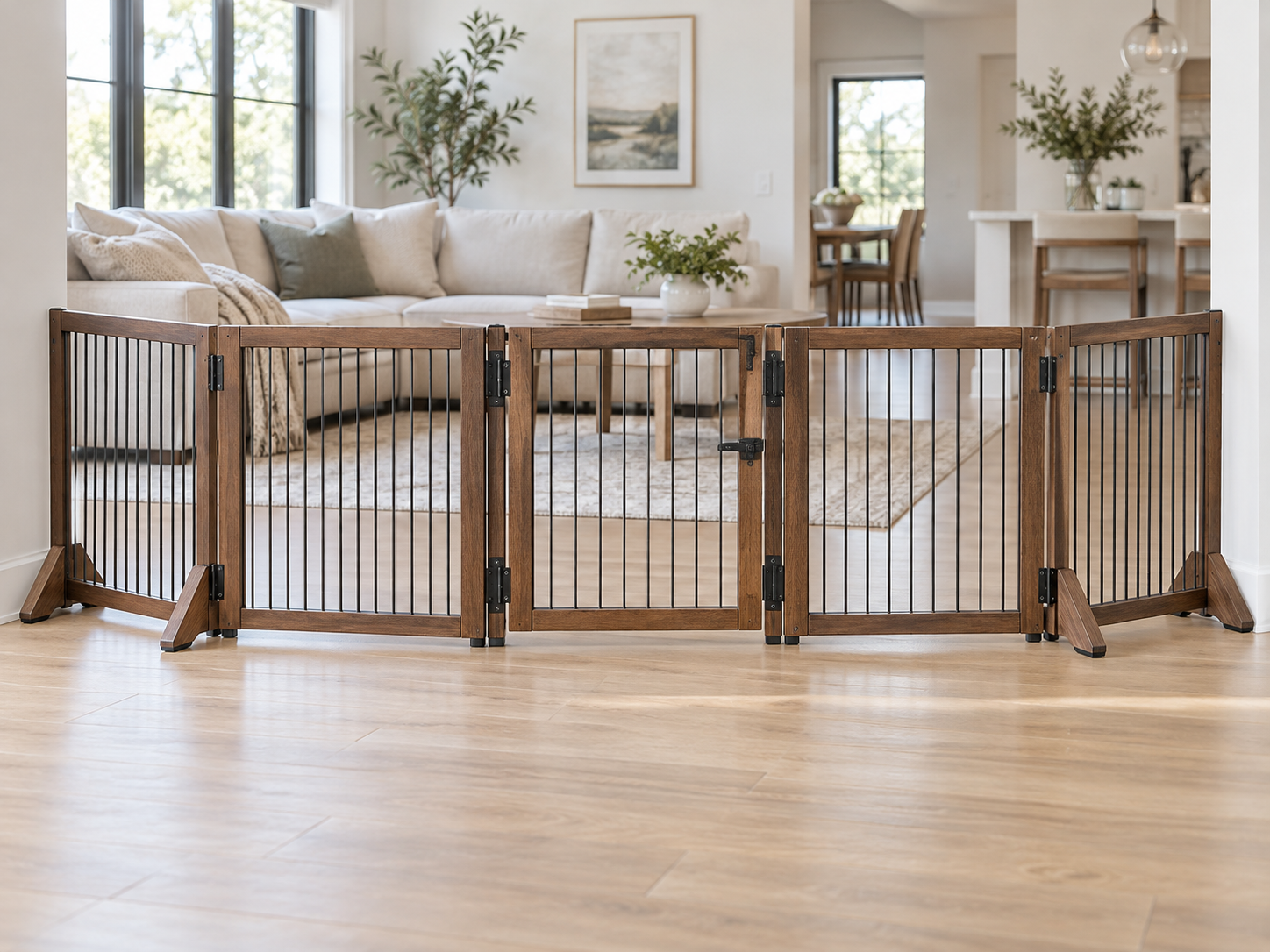 Wide freestanding wood and metal pet gate with multiple hinged panels and support feet