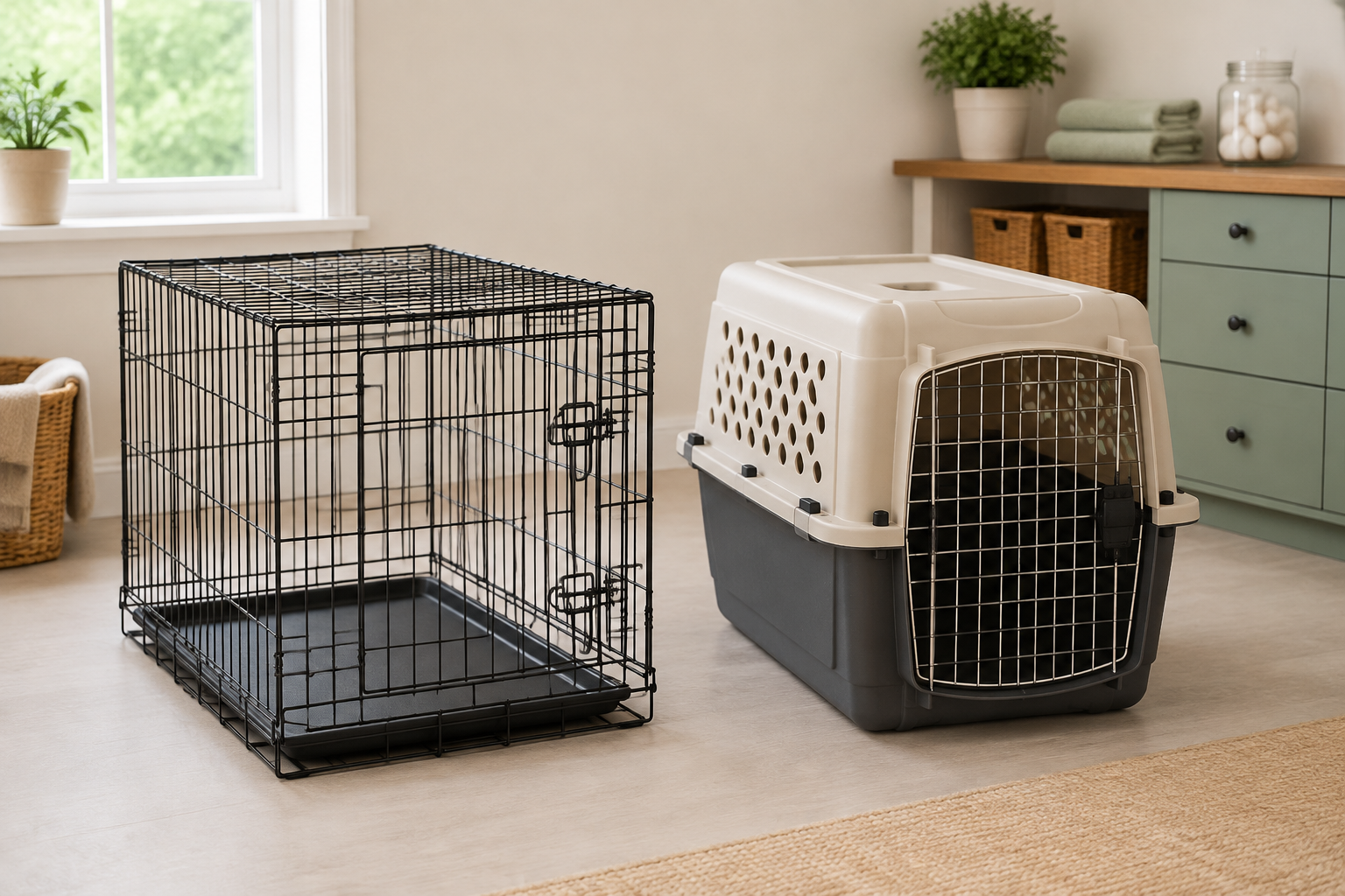 An empty black foldable wire dog crate with a removable tray beside an empty beige and gray molded plastic dog crate in a bright home room