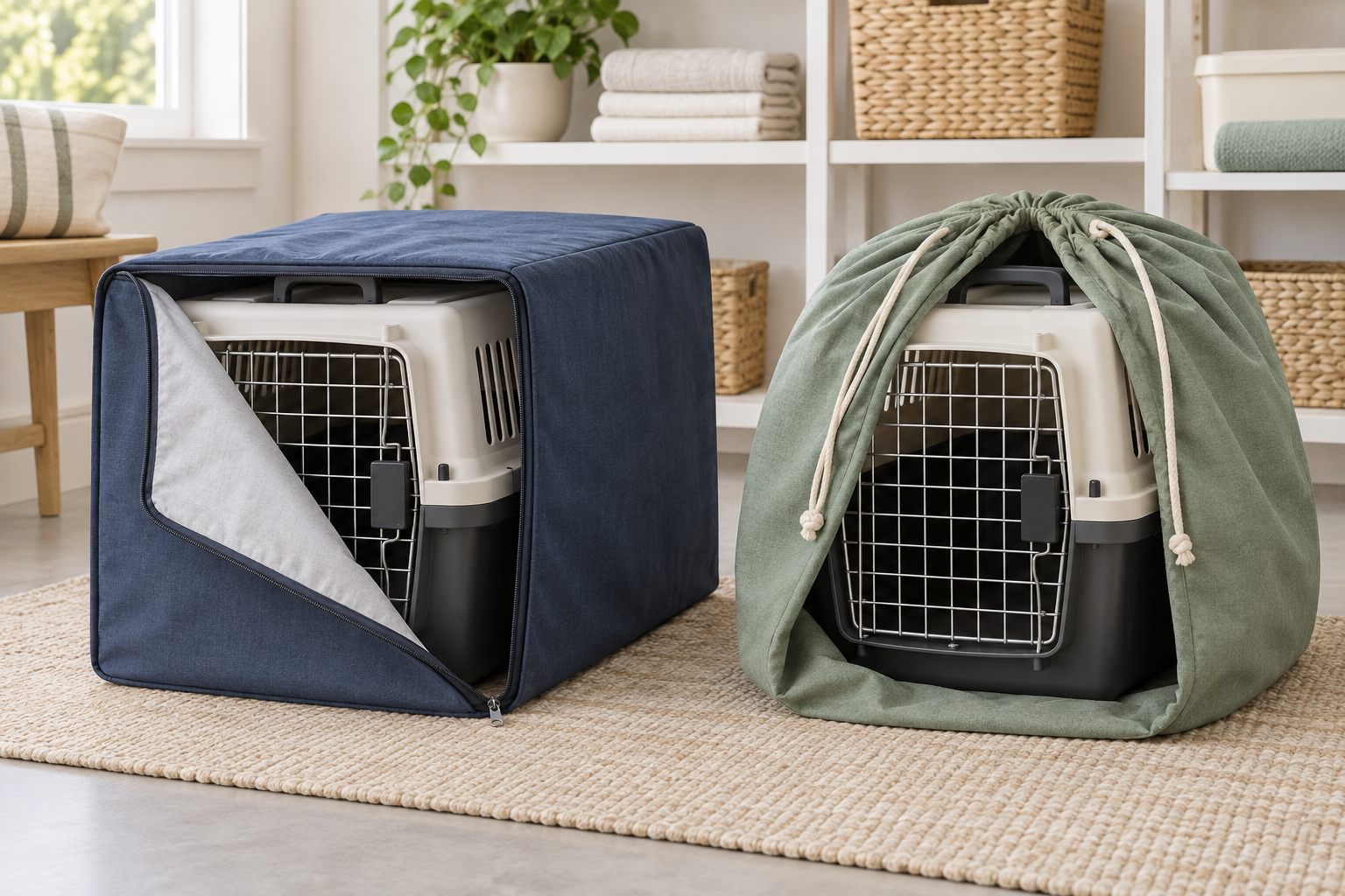 Navy zippered cover and sage drawstring cover opened to show clean empty hard-sided pet carriers in a dry storage room